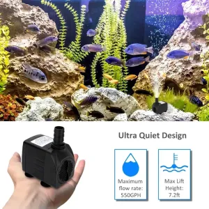 30W Ultra Quiet Submersible Water Pump 550GPH High Lift for Aquariums Fish Tanks Ponds Hydroponics Statuary with 3 Nozzles US/EU Plug Option