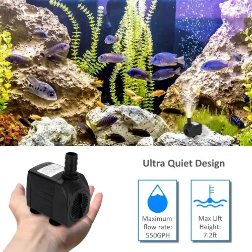 30W Ultra Quiet Submersible Water Pump 550GPH High Lift for Aquariums Fish Tanks Ponds Hydroponics Statuary with 3 Nozzles US/EU Plug Option