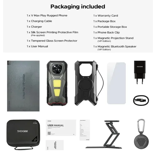 DOOGEE V Max Play 5G AI Built-in Projector 20500mAh 36GB 512GB 200MP Triple Camera Night Vision 6.78 inch 120Hz Loud Speaker Dual Camping Lights Android 15 Dimensity 7300 NFC IP68 IP69K Waterproof Rugged Smartphone