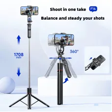 F16 Wireless bluetooth Selfie Stick with Adjustable Tripod Anti-Shake Detachable Stabilizer with bluetooth Remote 1.7m Telescopic 3-in-1 Mobile Phone Camera Stand
