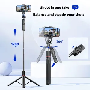 F16 Wireless bluetooth Selfie Stick with Adjustable Tripod Anti-Shake Detachable Stabilizer with bluetooth Remote 1.7m Telescopic 3-in-1 Mobile Phone Camera Stand