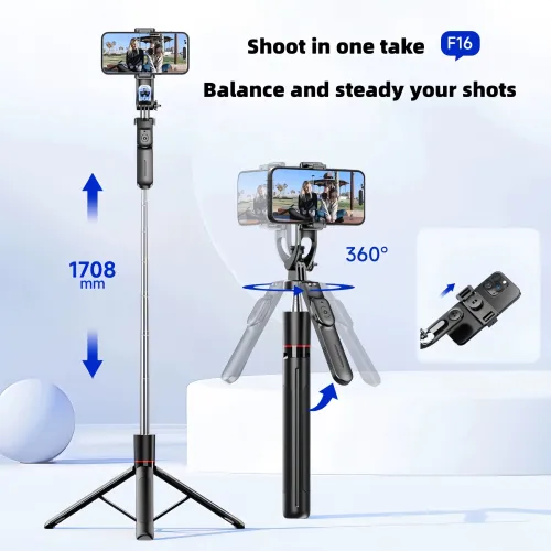 F16 Wireless bluetooth Selfie Stick with Adjustable Tripod Anti-Shake Detachable Stabilizer with bluetooth Remote 1.7m Telescopic 3-in-1 Mobile Phone Camera Stand