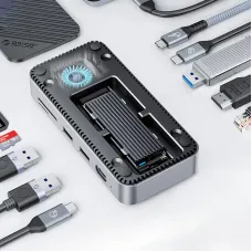 ORICO DPM2P9 10-in-1 M.2 SSD Enclosure Docking Station with Cooling Fan PD100W / 10Gbps Type-C*2 / 5Gbps USB3.0*2 / 10Gbps USB3.2 Gen2 / 4K@60Hz HD / 1000M RJ45 / SD&TF3.0 Multi-ports USB-C Hub Splitter Adapter