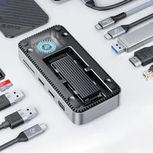 ORICO DPM2P9 10-in-1 M.2 SSD Enclosure Docking Station with Cooling Fan PD100W / 10Gbps Type-C*2 / 5Gbps USB3.0*2 / 10Gbps USB3.2 Gen2 / 4K@60Hz HD / 1000M RJ45 / SD&TF3.0 Multi-ports USB-C Hub Splitter Adapter