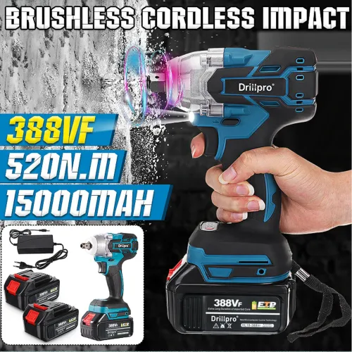 Drillpro 2 in1 520N.M Brushless Impact Cordless Electric Wrench Power Tool W/ 1/2 x Battery