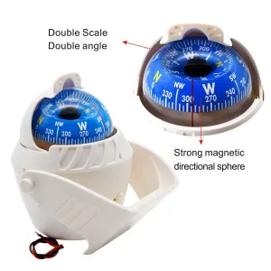 Marine Compass Waterproof LED Illuminated Pivoting Boat Navigation Adjustable Mounting Bracket Corrosion Resistant 12V Night Light Magnetic Declination Adjustment