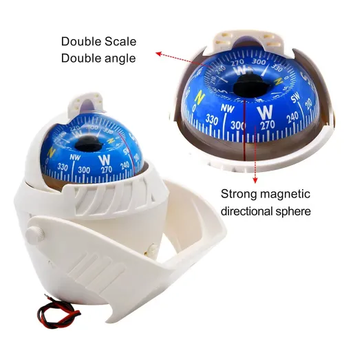 Marine Compass Waterproof LED Illuminated Pivoting Boat Navigation Adjustable Mounting Bracket Corrosion Resistant 12V Night Light Magnetic Declination Adjustment