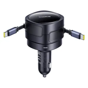 Baseus BSCC-TX-0-CC 60W 2-Port USB PD Car Charger Adapter Built-in Type-C+Type-C Retractable Cable Support PD QC SCP AFC PPS Fast Charging for iPhone 16 15 Pro 14 13 12 Pro Max for Samsung Galaxy Z Flip6 for Xiaomi 15pro for Huawei Mate XT