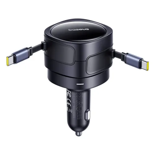 Baseus BSCC-TX-0-CC 60W 2-Port USB PD Car Charger Adapter Built-in Type-C+Type-C Retractable Cable Support PD QC SCP AFC PPS Fast Charging for iPhone 16 15 Pro 14 13 12 Pro Max for Samsung Galaxy Z Flip6 for Xiaomi 15pro for Huawei Mate XT