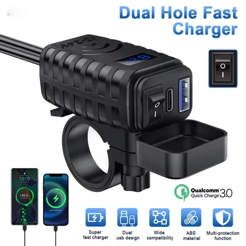 48W Motorcycle USB Charger QC3.0 & PD Fast Charge 3.0 Motorcycle USB USB Type C Phone Charger with Voltmeter and On/Off Switch