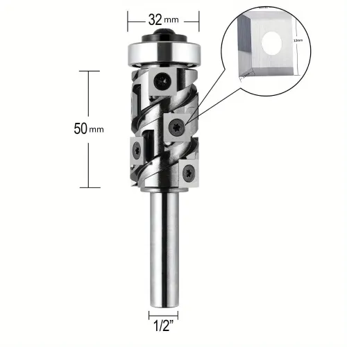 Carbide Insert Flush Trim Router Bit 32mm Dia 1/2" Shank 50mm Cutting Length Top/Bottom Bearing for Woodworking and CNC Engraving