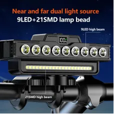 BIKIGH9LED+21SM120dB Horn Power Digital Display Bicycle Headlight Type-Charging Waterproof 7 Gears Flash Bike Front Light for Outdoor Night Riding Safety