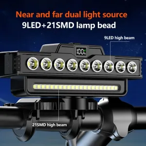 BIKIGH9LED+21SM120dB Horn Power Digital Display Bicycle Headlight Type-Charging Waterproof 7 Gears Flash Bike Front Light for Outdoor Night Riding Safety