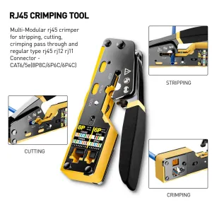 RJ45 Crimp Tool Kit Pass Through Crimper Cable Tester Wire Cutter Cat6 Connectors Strain Relief Boots Ethernet Network Installation Tools Multi-function Crimping Stripping Cutting