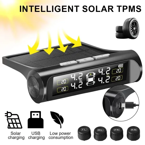 Wireless Car TPMS Tire Pressure Monitoring System External Sensor Solar Power Auto Security Alarm Systems Tire Pressure Digital LCD Display