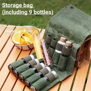 IPRee Reliable Outdoor Camping Spice Bottle Storage Bag Free with 9pcs Glass Spice Bottle Storage Bag BBQ Seasoning Bottle Canvas Bag