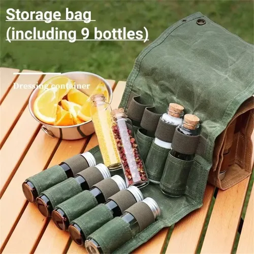 IPRee Reliable Outdoor Camping Spice Bottle Storage Bag Free with 9pcs Glass Spice Bottle Storage Bag BBQ Seasoning Bottle Canvas Bag