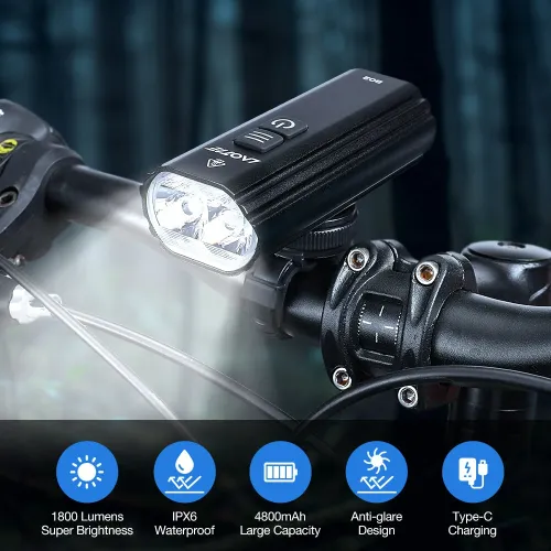 LAOTIB02 1800Lm Brightness Bike Headlight 4800mAh Battery Anti-glare Design IPX6 Waterproof 5 Light Modes Type-Fast Charge Aluminum Alloy Bicycle Front Light