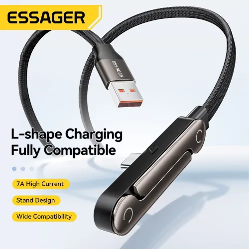 ESSAGER ES-X78 7A USB-A to USB-C L-shape Cable Fast Charging Data Transmission Thickened Copper Core Line 1M Long for iPhone 17 17 Pro Max 16 15 for XIaomi 17pro for SAMSUNG for OPPO for VIVO