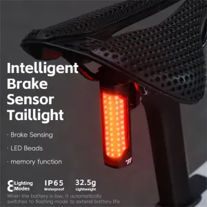 WESBIKING 120LM Smart Brake Sensor Bicycle Taillight LightweightIP65 Waterproof Type-Charging 8 Modes Flash Bike Rear Light for MTB Night Cycling Safety