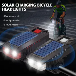 Solar Rechargeable Bike Headlight LESuper Brightness 4000mAh Battery Waterproof 4 Light Modes Warning Flashlight with 120dB Horn for Night Cycling