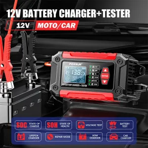 FOXUR FTC-1206 Car Battery Charger Tester with Comprehensive Health Check Precise Test Range 4AH-200AH Pulse Repair Function User-Friendly LCD Screen Safe AC to DC Charging Protection