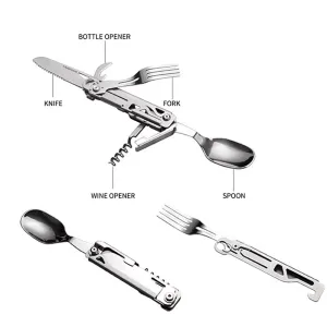 IPRee Outdoor Stainless Steel Multifunctional Camping Folding Knife Fork and Spoon Camping Equipment Panier Osier Camping Equipment