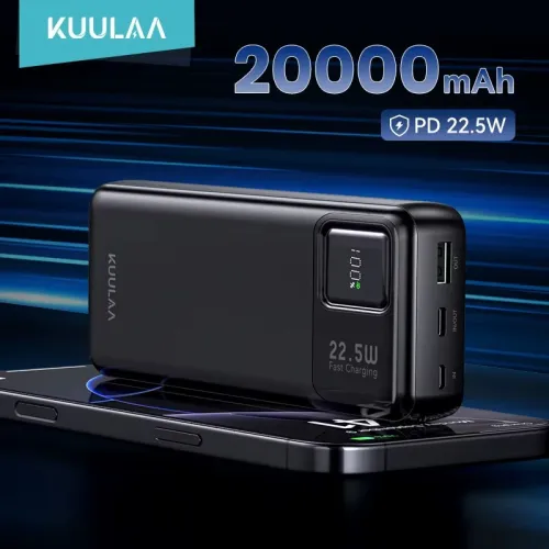 KUULAA RT-20 PD22.5W 20000mAh Power Bank LED Power Display External Battery Power Supply with 1 Input & 2 Outputs Fast Charging for iPhone 16 16 Plus 15 15 Pro 14 13 12 for Xiaomi 15 Ultra for Samsung Galaxy S25 Ultra