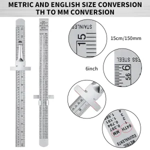 Flexible 6 Inch 15 cm Stainless Steel Pocket Ruler with Metric and Imperial Scale Detachable Clip Conversion Table Clear Graduation