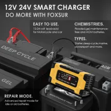 FOXSUR 12V 24V 10A Battery Charger with Intelligent Repair Screen Display for Cars and Motorcycles