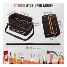 17 Inch Heavy Duty Tool Bag Oxford Cloth Portable Handheld and Crossbody Tool Organizer Large Capacity 35L Black Adjustable Strap Zipper Closure 900D Fabric