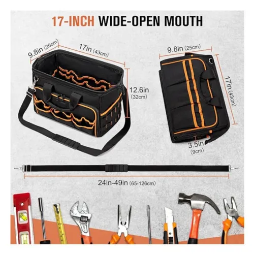 17 Inch Heavy Duty Tool Bag Oxford Cloth Portable Handheld and Crossbody Tool Organizer Large Capacity 35L Black Adjustable Strap Zipper Closure 900D Fabric