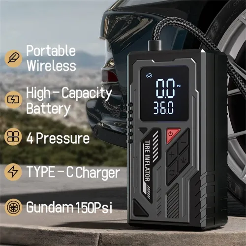 ATJ-026 Portable Wireless Tire Inflator 150 PSI Max 4000mAh Battery Fast Inflation Digital Display LED Light Type-C Charging Versatile Accessories Motorcycles Cars Bicycles Balls