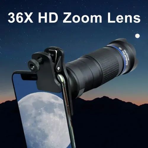 36X Phone Camera Telephoto Lens 4 In 1 Clip-on Telecope Zoom Macro Fisheye with Tripod Eyemask Storagebag Clip-On Lense forHiking Camping Wildlife Observation Moon Sports Game Concert Watching