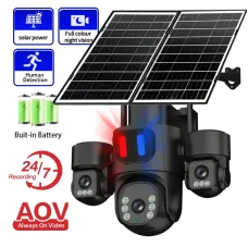 AOV 6MP HD Solar Powered Three Lens Security Camera 4G 360 Panoramic View Color Night Vision Red Blue Alarm Weatherproof AI Human Detection Wireless Outdoor Surveillance Camcorders