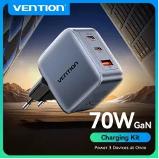 [GaN Tech] Vention 70W 3-Port USB PD Charger USB-A+2USB-C PD3.0 QC4.0 3.0 PPS AFC SCP FCP Apple2.4A BC1.2 Fast Charging Wall Charger Adapter EU Plug for iPhone 16 16 Pro 15 14 13 Pro Max for Huawei Pura X for Xiaomi 15pro for Samsung Galaxy S25 Ultra