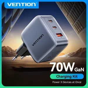 [GaN Tech] Vention 70W 3-Port USB PD Charger USB-A+2USB-C PD3.0 QC4.0 3.0 PPS AFC SCP FCP Apple2.4A BC1.2 Fast Charging Wall Charger Adapter EU Plug for iPhone 16 16 Pro 15 14 13 Pro Max for Huawei Pura X for Xiaomi 15pro for Samsung Galaxy S25 Ultra