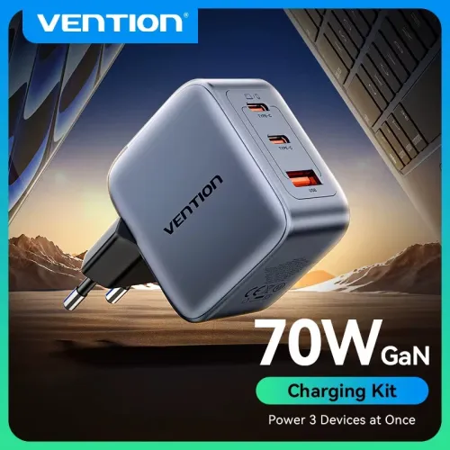 [GaN Tech] Vention 70W 3-Port USB PD Charger USB-A+2USB-C PD3.0 QC4.0 3.0 PPS AFC SCP FCP Apple2.4A BC1.2 Fast Charging Wall Charger Adapter EU Plug for iPhone 16 16 Pro 15 14 13 Pro Max for Huawei Pura X for Xiaomi 15pro for Samsung Galaxy S25 Ultra