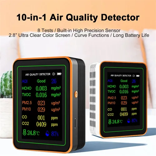 10 in 1 Air Quality Monitor PM2.5 PM10 CO CO2 TVOC HCHO AQI Temperature Humidity & Curve View Tester CO2 Meter 2.8inch Display