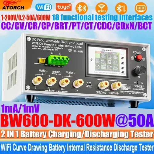 ATORCH BW-600W-DK Electronic Load Tester 150/300/450/600W WiFi Tuya 0-200V 50A Battery Capacity Monitor Programmable Discharge Tool IPS Display High Precision Bluetooth Connection