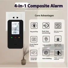 4 in 1 Gas Alarm Methane Carbon Monoxide Temperature Humidity Monitor High Decibel Warning LCD Display Plug and Play Safety Device
