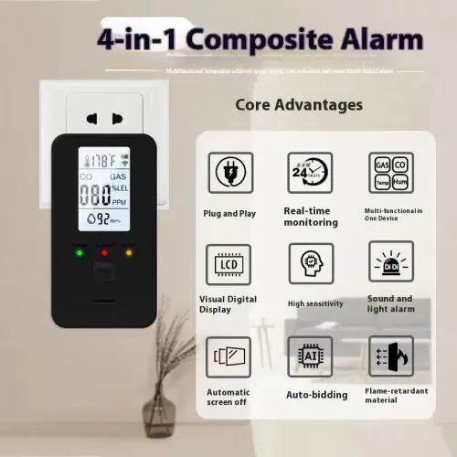 4 in 1 Gas Alarm Methane Carbon Monoxide Temperature Humidity Monitor High Decibel Warning LCD Display Plug and Play Safety Device