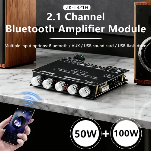 ZK-TB21H Bluetooth 5.1 2.1 Channel Audio Power Amplifier Module Multi-Input AUX USB Subwoofer Support TPA3116D2 Chip 50W+100W Output Versatile Speaker Compatibility