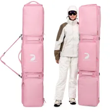 DashingNoah Rolling Ski Bags with Wheel, 155cm-175cm Padded Waterproof Snowboard Bag for Air Travel, Fits Single Ski & Skis with 3 Separation Storage, Unisex Adjustable Length, Pink