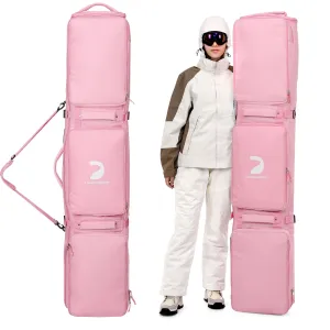 DashingNoah Rolling Ski Bags with Wheel, 155cm-175cm Padded Waterproof Snowboard Bag for Air Travel, Fits Single Ski & Skis with 3 Separation Storage, Unisex Adjustable Length, Pink