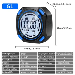 SNAKOL G1 Digital Inclinometer High Precision 0.1 Resolution 0.01 Magnetic Base Lightweight USB Type-C Rechargeable Angle Measurement Tool