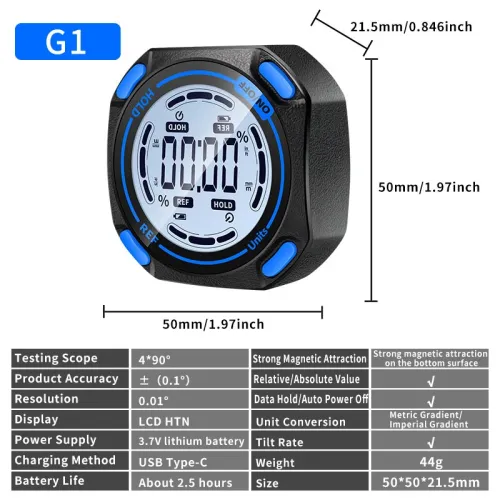 SNAKOL G1 Digital Inclinometer High Precision 0.1 Resolution 0.01 Magnetic Base Lightweight USB Type-C Rechargeable Angle Measurement Tool