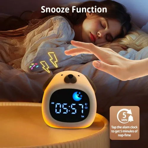 Kids Alarm Clock Sleep Trainer Clock Kids Room Cute Toddler Puppy Shape Night Light Clock Touch Night Light with 6 Types of White Noise 8 Color Night Light