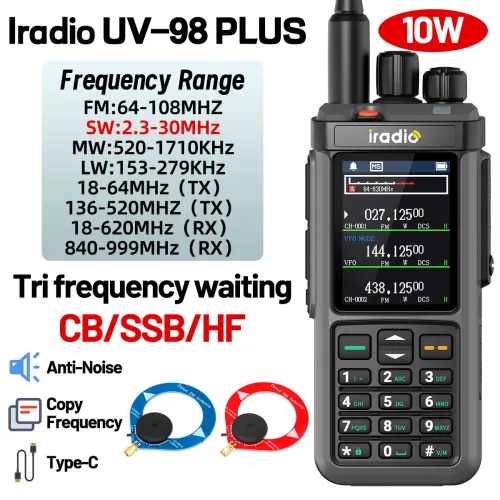 Iradio UV-98 PLUS 10W Walkie Talkie Multi Band Radio 2.4 Inch Screen Cross Band Repeater 1024 Channels Type-C Charging CB SSB HF FM SW MW LW Walkie Talkie