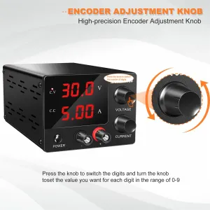 NICE-POWER SPS-E305 Mini Power Supply 0-30V 0-5A High-Precision Encoder Adjustment Sleek Black Design Stable DC Output